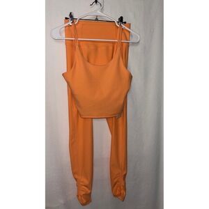 Wilo The Label Set Ribbed Crop Top‎ Double Strap/Leggings Workout Gym Yoga Peach